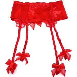Victoria's Secret Sexy Red Rhinestone Bling Red Bow Holiday Garter Belt